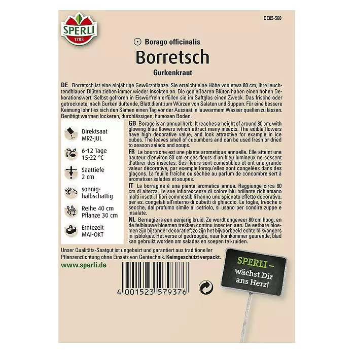 Sperli Gemüsesamen Boretsch - Borago officinalis, Erntezeit: Mai - Rückansicht