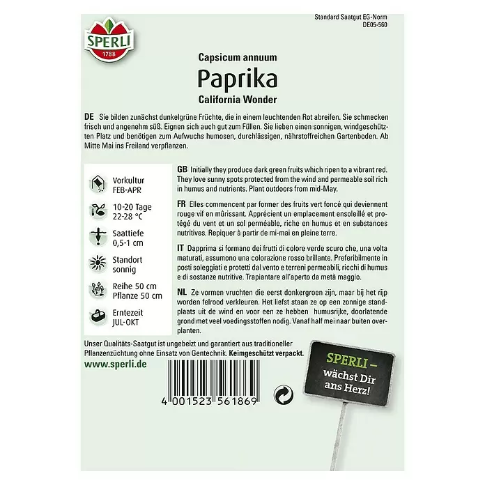 Sperli Gemüsesamen Paprika - California Wonder, Capsicum annuum, Erntezeit: Juli - Rückansicht