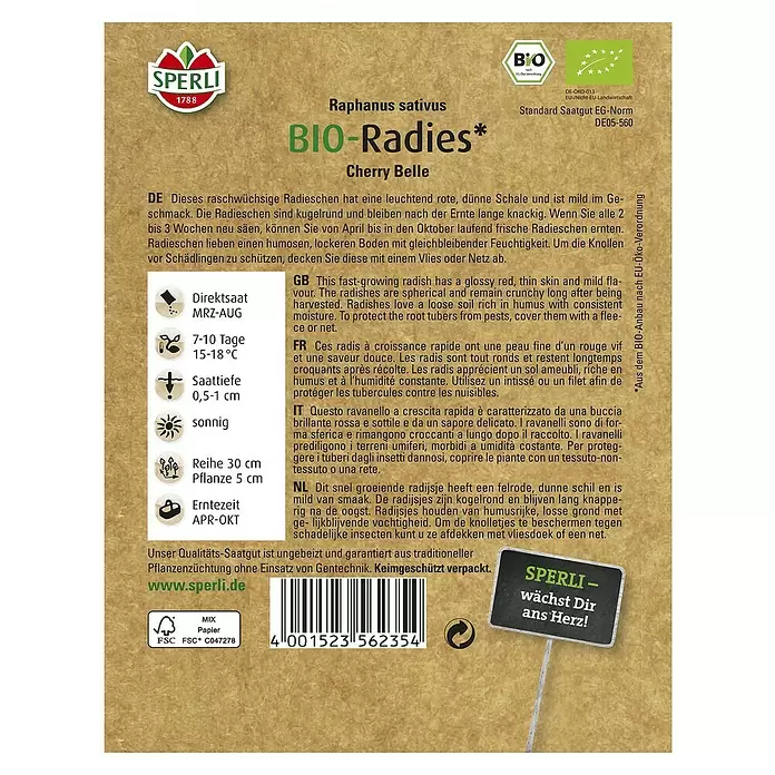 Sperli Gemüsesamen Radies - Bio, Erntezeit: April - Rückansicht