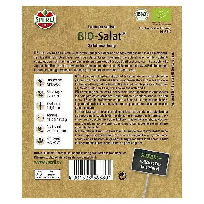 Sperli Salatsamen Bio Salat 'Babyleaf' Saatband - Lactuca sativa, Erntezeit: Mai - Rückansicht