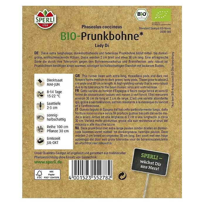 Sperli Gemüsesamen Prunkbohne - Lady Di Bio, Phaseolus coccineus, Erntezeit: Juli - Rückansicht