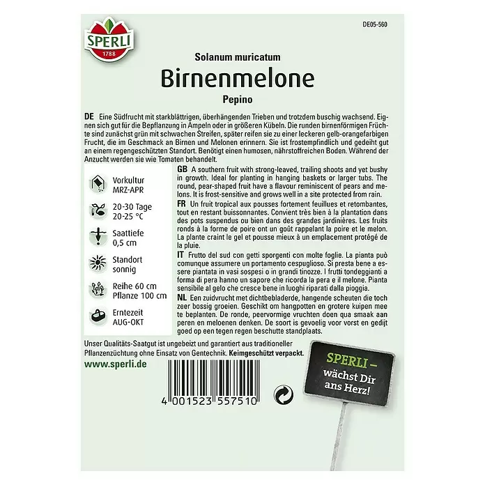 Sperli Obstsamen Birnenmelone - Erntezeit: August - Rückansicht