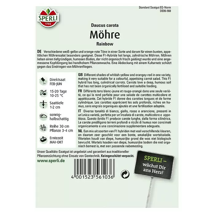 Sperli Gemüsesamen Möhre - Rainbow, Daucus carota, Erntezeit: Mai - Rückansicht
