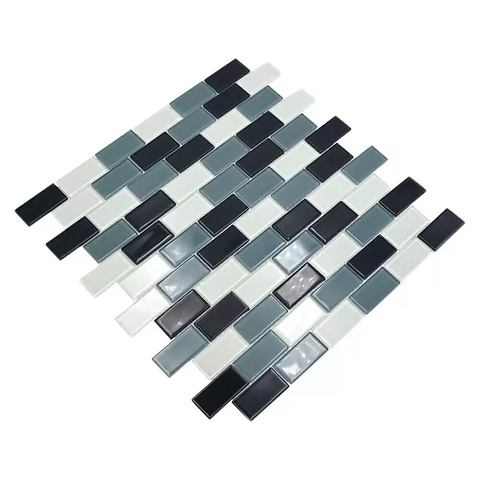 Mozaïektegel brick glas CM B425 - 32,2 x 31 cm, Grijs/Wit, Glanzend - Diagonaal zicht