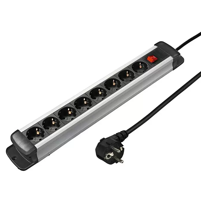 Hama Steckdosenleiste Pro-S 80S - 8-fach, Schwarz/Silber, Kabellänge: 1,5 m, 3.500 W - Detailaufnahme