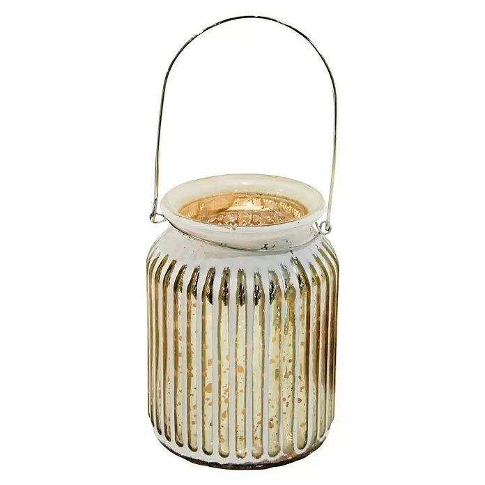 Windlicht - Ø x H: 11 x 14 cm, Gold/Weiß - Vorderansicht