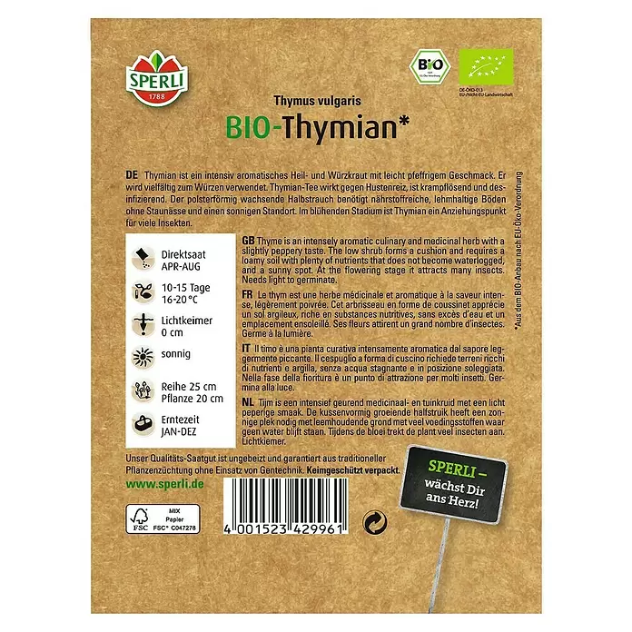 Sperli Kräutersamen Bio Thymian - Thymus vulgaris, Saatzeit: April, Erntezeit: Ganzjährig - Rückansicht