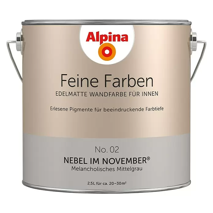 Alpina Wandfarbe Feine Farben - 2,5 l, Nebel im November, No. 02 - Melancholisches Mittelgrau, Matt - Vorderansicht