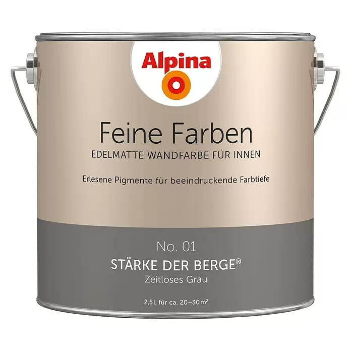 Alpina Wandfarbe Feine Farben - 2,5 l, Stärke der Berge, No. 01 - Zeitloses Grau, Matt - Vorderansicht