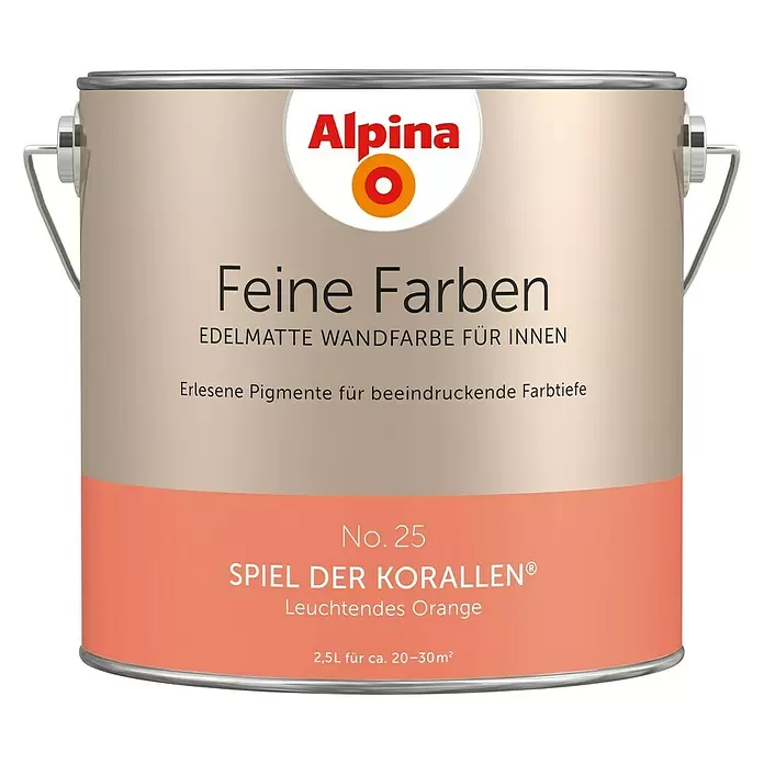 Alpina Wandfarbe Feine Farben - 2,5 l, Spiel der Korallen, No. 25 - Leuchtendes Orange, Matt - Vorderansicht