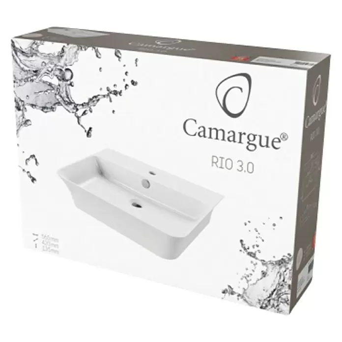 Camargue Rio Waschtisch 3.0 - 56,5 x 42 cm, Ohne Spezialglasur, Hahnloch: Mitte, Mit Überlauf, Weiß - Diagonale Ansicht