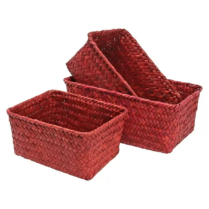 Juego de cestas - Rojo, 3 piezas, Fibra natural - Vista angular