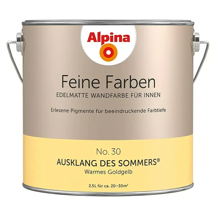 Alpina Wandfarbe Feine Farben - 2,5 l, Ausklang des Sommers, No. 30 - Warmes Goldgelb, Matt - Vorderansicht