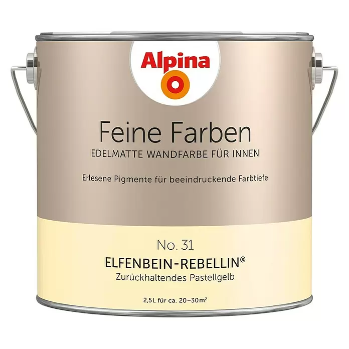 Alpina Wandfarbe Feine Farben - 2,5 l, Elfenbein Rebellin, No. 31 - Zurückhaltendes Pastellgelb, Matt - Vorderansicht