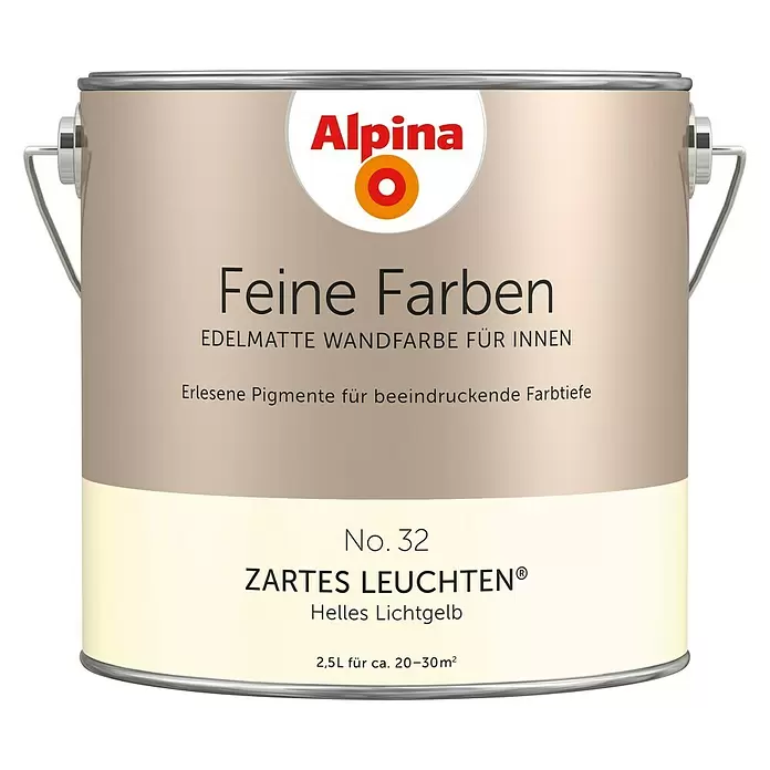 Alpina Wandfarbe Feine Farben - 2,5 l, Zartes Leuchten, No. 32 - Helles Lichtgelb, Matt - Vorderansicht