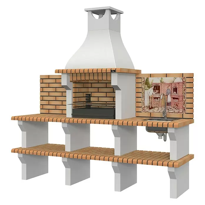 Barbacoa con chimenea Silves con mesa lateral y fregadero - Superficie parrilla: 60 x 38 cm, Hormigón - Vista angular