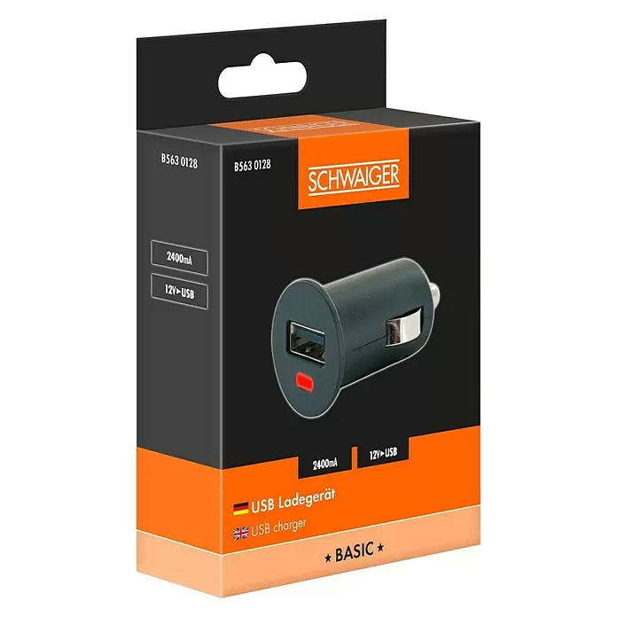 Schwaiger USB-Adapter - USB-A-Kupplung, Zigarettenanzünder-Stecker (SAE J563), Schwarz - Diagonale Ansicht