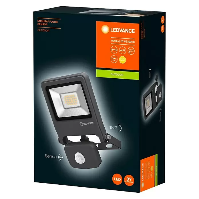 Ledvance LED-Strahler Endura Flood - Anthrazit, Sensor, 20 W, IP44 - Diagonale Ansicht