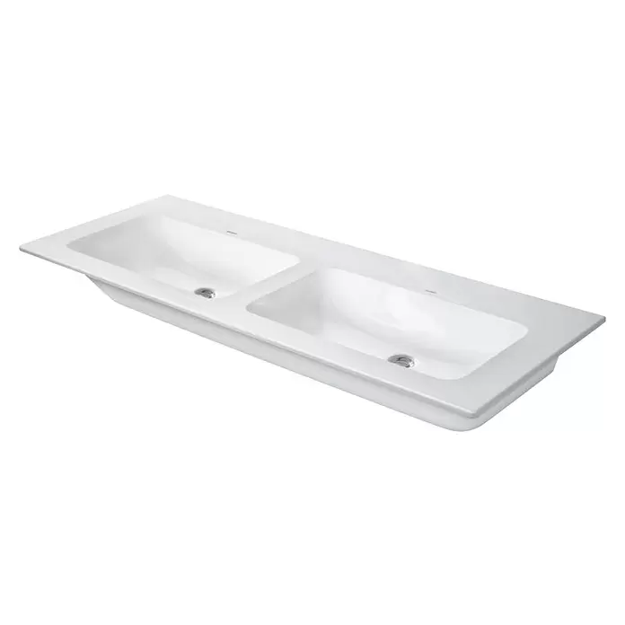 Duravit ME by Starck Doppelwaschtisch - 130 x 49 cm, Mit schmutzabweisender Glasur, Hahnloch: Ohne, Mit Überlauf, Weiß - Diagonale Ansicht