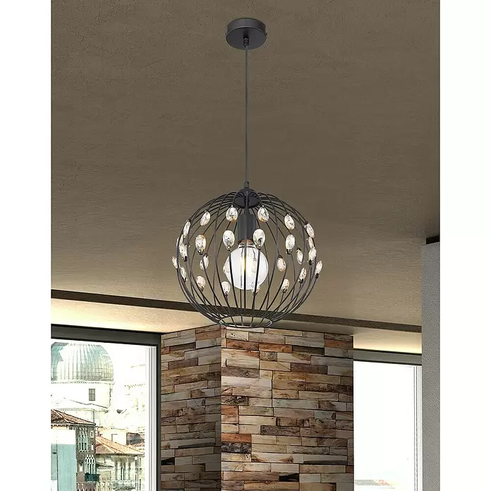 Globo Pendelleuchte rund HANAKO - 60 W, Ø x H: 300 mm x 39 cm, Schwarz, E27 - Stimmungsaufnahme