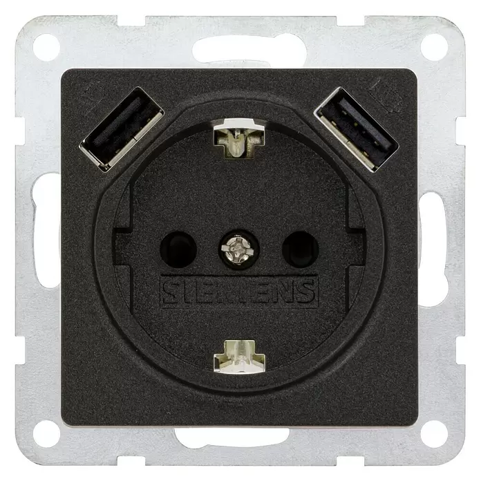 Siemens DELTA Mega Stopcontactinzet met USB - Zwart, 3 aansluitingen, Kunststof - Vooraanzicht