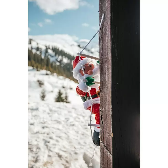 Papá Noel con escalera LED - Largo: 110 cm, Funciona con pilas, Poliéster - Foto ambiente
