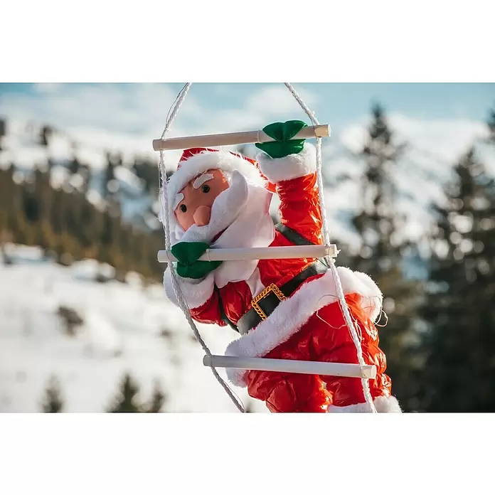 Papá Noel con escalera LED - Largo: 110 cm, Funciona con pilas, Poliéster - Foto ambiente