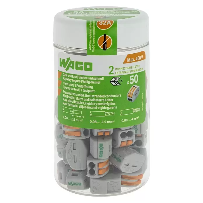 Wago Lasklem met hendel - Aantal kabels: 2 st., 0,08 - 4 mm², 50 st. - Vooraanzicht