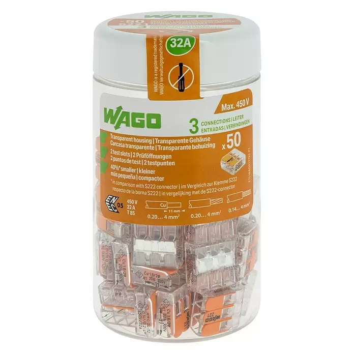 Wago Lasklem met hendel - Aantal kabels: 3 st., 0,14 - 4 mm², 50 st. - Vooraanzicht