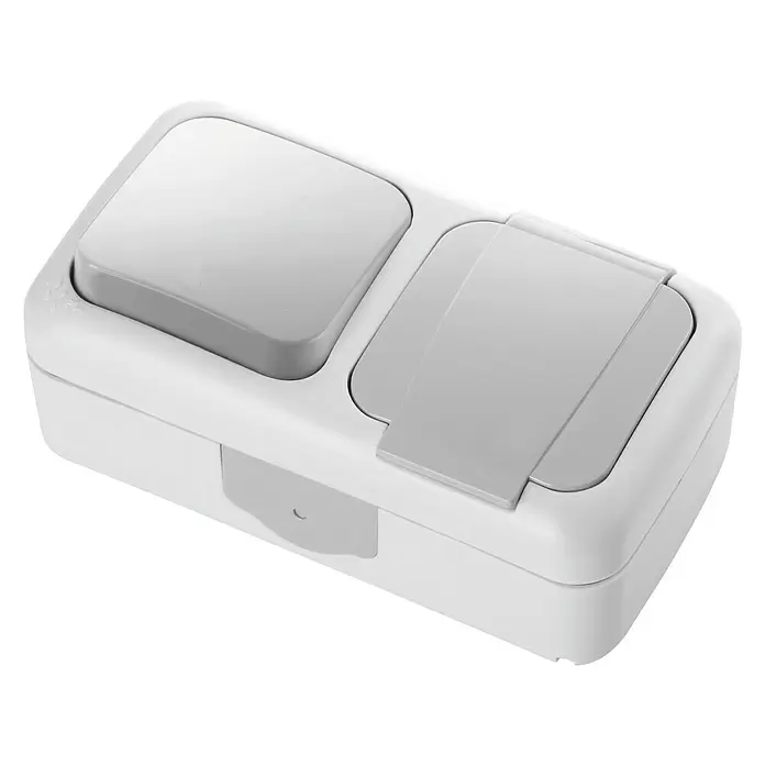Siemens Combinatie wandcontactdoos/schakelaar - 2 voudig, Grijs, Opbouw, IP54 - Diagonaal zicht