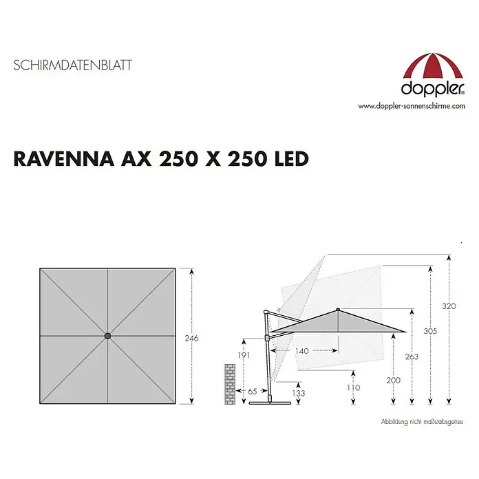 Derby Ravenna LED-Sonnenschirm AX - Anthrazit, L x B: 246 x 246 cm - Skizze