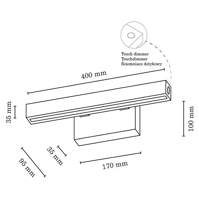 Spotlight LED-Wandleuchte - 5,2 W, L x B x H: 9,5 x 40 x 10 cm, Eiche, Warmweiß - Skizze