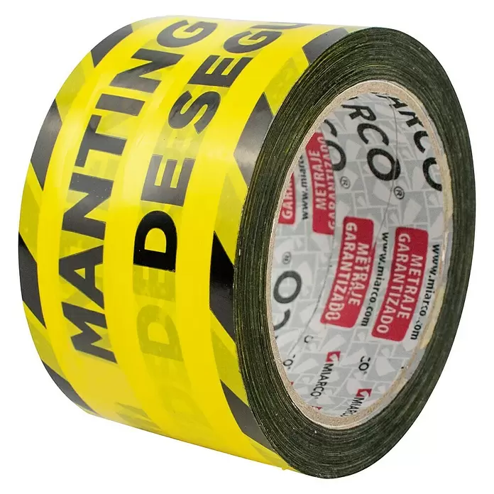 Cinta de señalización impresa en catalán - L x An: 66 m x 7,2 cm, Mantener distancia, Amarillo/Negro - Vista angular