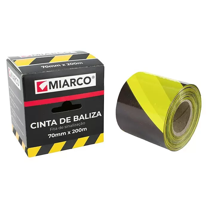 Cinta de señalización - L x An: 200 m x 70 mm, Amarillo/Negro, Espesor: 20 µm - Vista angular