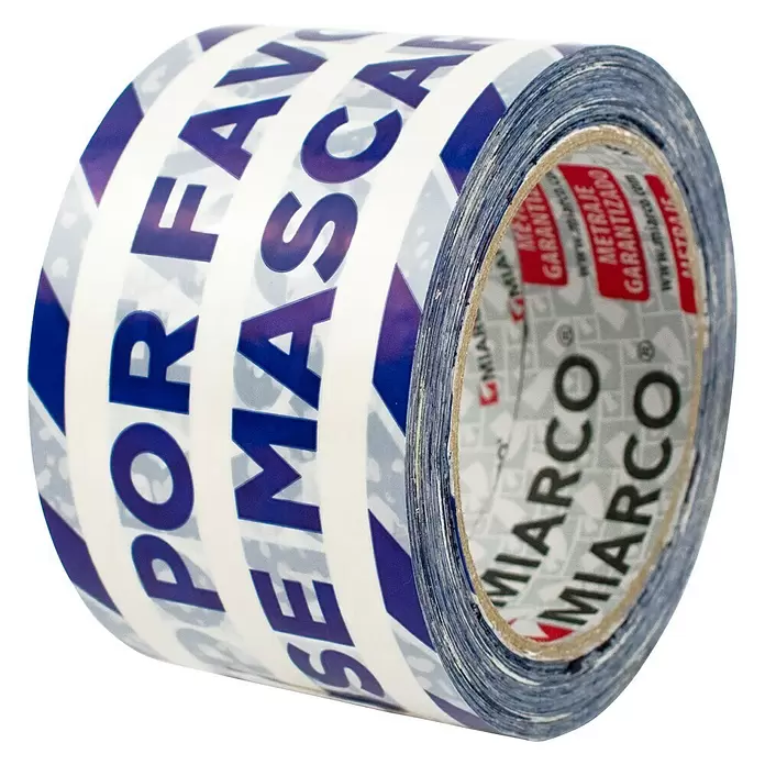 Cinta de señalización impresa - L x An: 66 m x 7,2 cm, Uso obligatorio de mascarilla, Azul/Blanco - Vista angular
