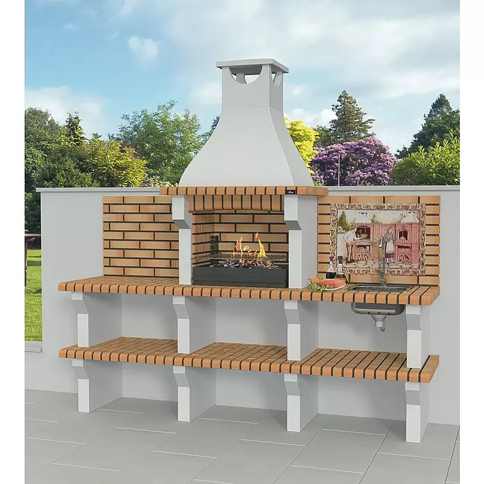 Barbacoa con chimenea Silves con mesa lateral y fregadero - Superficie parrilla: 60 x 38 cm, Hormigón - Foto ambiente