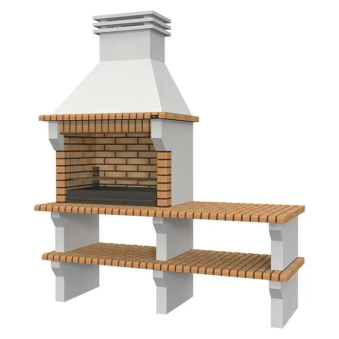 Barbacoa con chimenea Viana y mesa lateral - Superficie parrilla: 86 x 50 cm, Arcilla refractaria - Vista angular