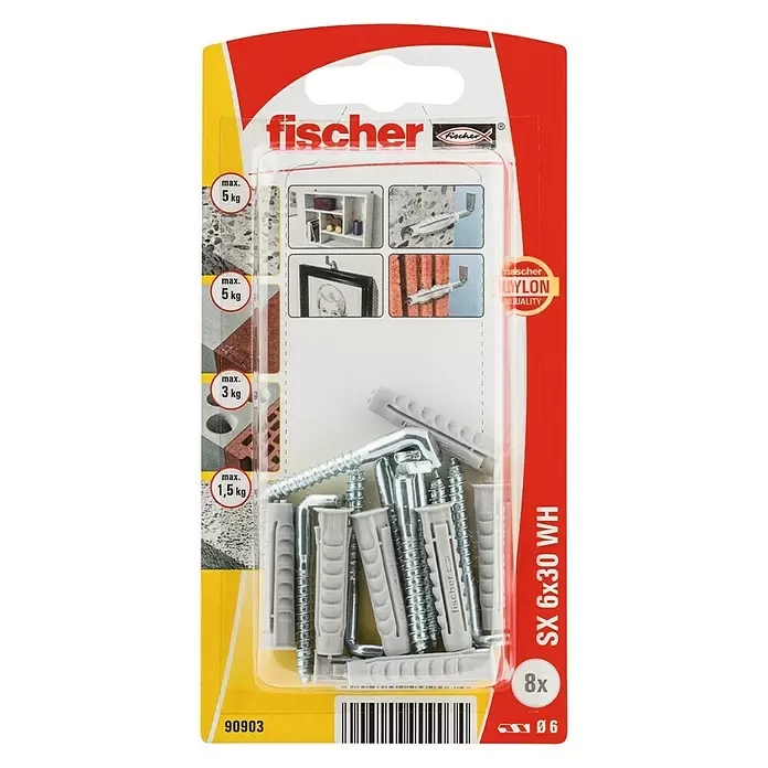 Fischer SX Set de tacos con alcayata K - Diámetro taco: 6 mm, Longitud taco: 40 mm, 8 uds. - Vista frontal