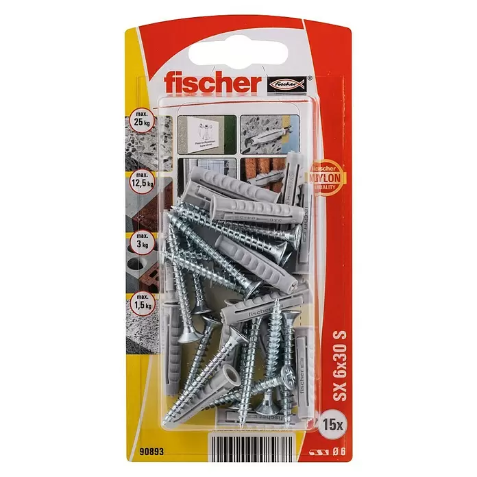 Fischer SX Taco con tornillo - Diámetro taco: 6 mm, Longitud taco: 30 mm, 15 uds. - Vista frontal