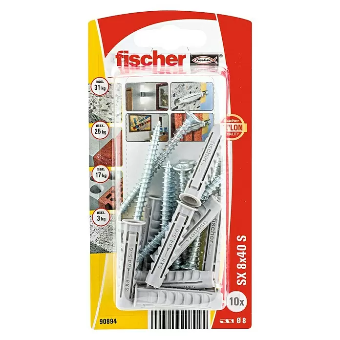 Fischer SX Taco con tornillo - Diámetro taco: 8 mm, Longitud taco: 40 mm, 10 uds. - Vista frontal
