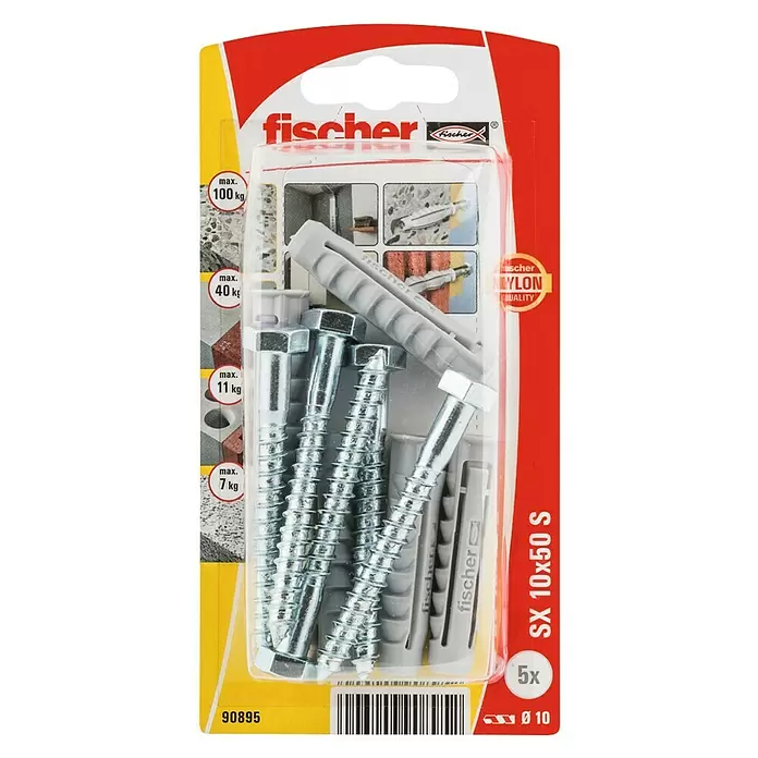 Fischer SX Taco con tornillo - Diámetro taco: 10 mm, Longitud taco: 50 mm, 5 uds. - Vista frontal