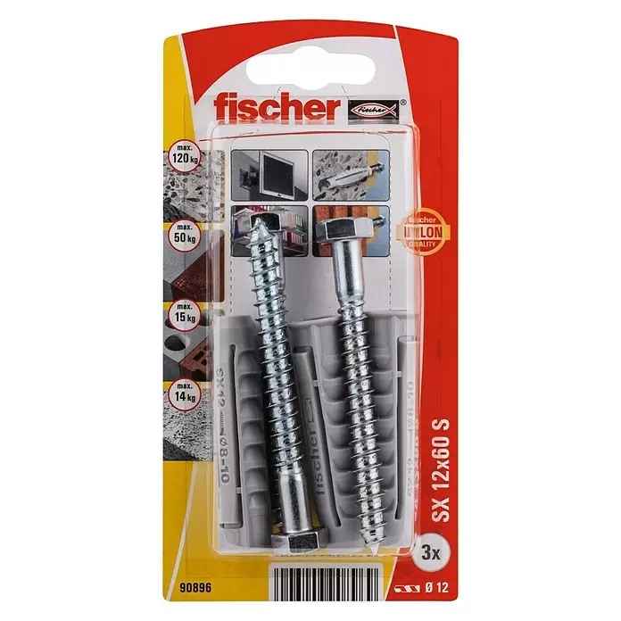 Fischer SX Taco con tornillo - Diámetro taco: 12 mm, Longitud taco: 60 mm, 3 uds. - Vista frontal