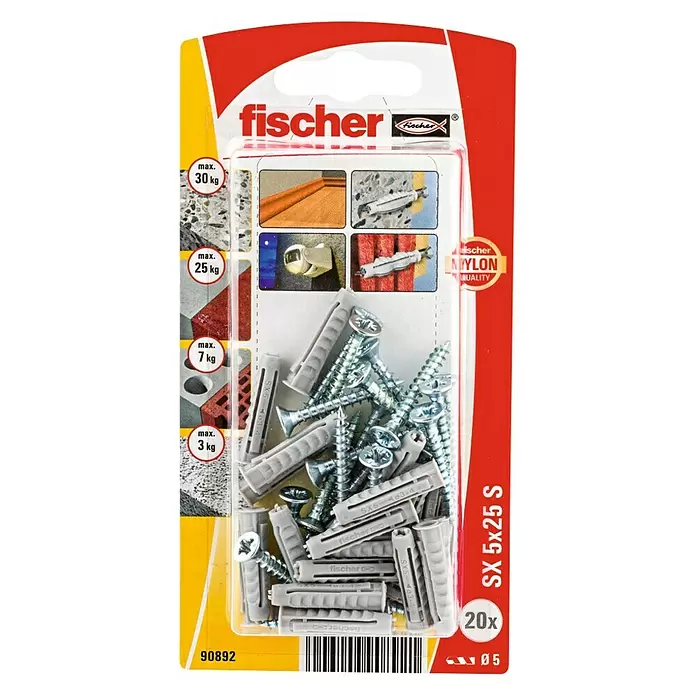 Fischer SX Taco con tornillo - Diámetro taco: 5 mm, Longitud taco: 25 mm, 20 uds. - Vista frontal