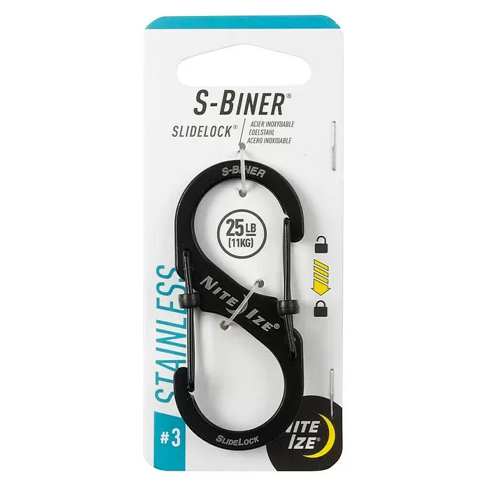 Nite Ize Doppelkarabiner S-Biner Slidelock - L x B: 104 x 13 mm, Edelstahl, Schwarz - Vorderansicht