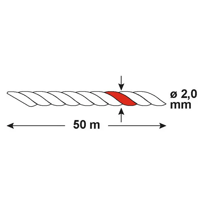 Cordel de polipropileno B34177 - Ø x L: 2 mm x 50 m, Polipropileno, Blanco, Trenzado con 3 filamentos - Dibujo técnico