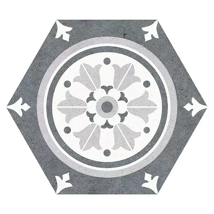 Feinsteinzeugfliese Hexagon Vintage Farnese - 25 x 22 cm, Grau/Weiß, Matt - Draufsicht