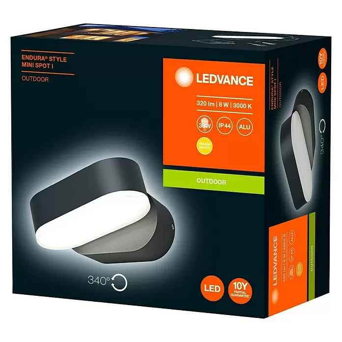 Ledvance LED-Außenwandleuchte Endura Style Mini Spot - 8 W, 100 x 230 x 54 mm, Grau, IP44 - Diagonale Ansicht