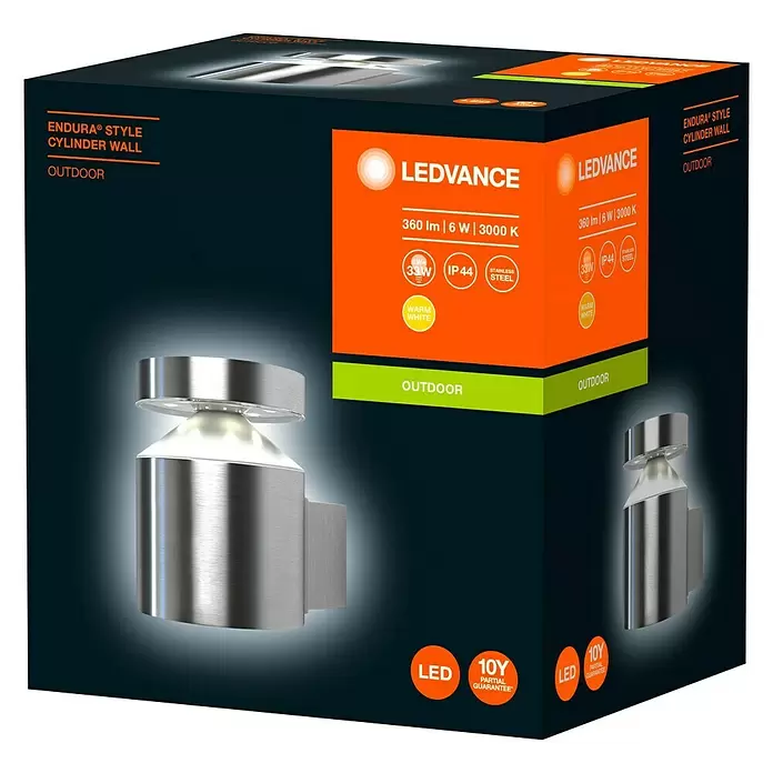 Ledvance LED-Außenwandleuchte Wall - 6 W, 13,8 x 10,2 x 13,5 cm, Edelstahl, IP44 - Diagonale Ansicht