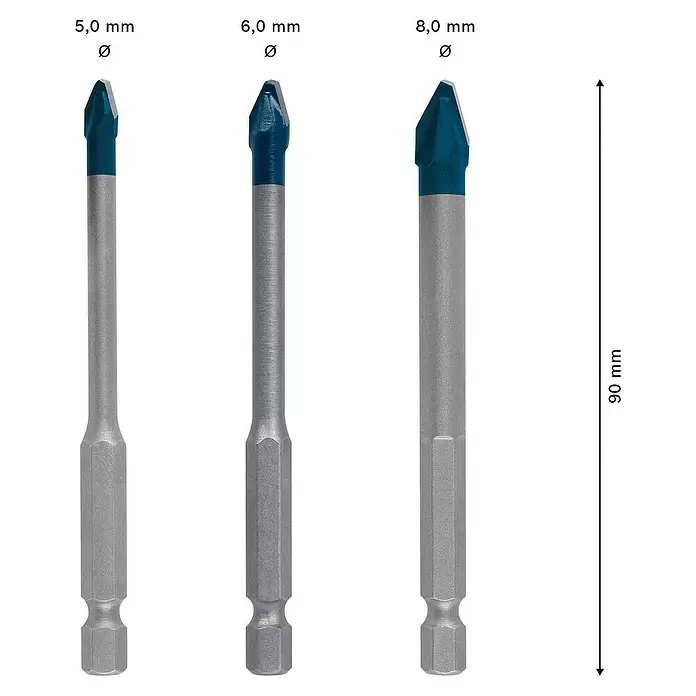 Bosch Professional Expert Juego de brocas para baldosas HEX-9 HardCeramic - Diámetro: 5 mm - 8 mm, Idoneidad de material: Baldosas, 3 pzs. - Dibujo técnico