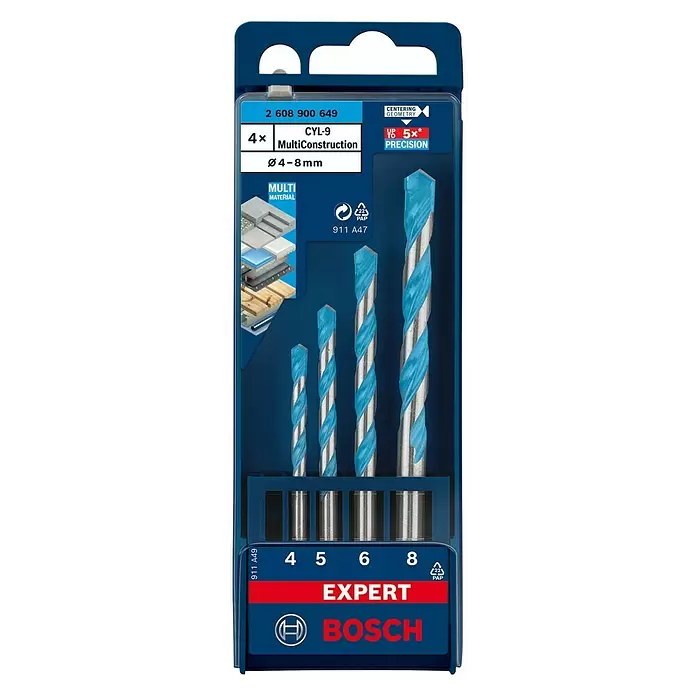 Bosch Professional Expert Broca multiuso CYL-9 MultiConstruction - Diámetro: 4 mm - 8 mm, 4 pzs. - Vista frontal